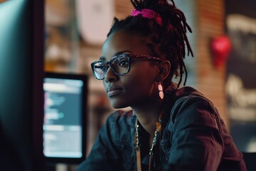 Portrait of Black Female Video Game Designer Creating Metaverse and Design Video Game Character in Creative Office at Night. Focused Woman Working on a New 3D Level on Her Desktop Computer
