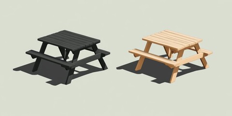Two simple, sturdy outdoor tables with a matching bench for comfortable seating at a backyard or park.