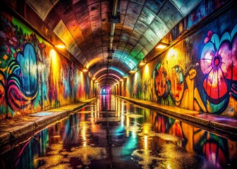 Fototapeta premium Vibrant Graffiti Tunnel, Wet Surface Reflections, Vintage Photography Style