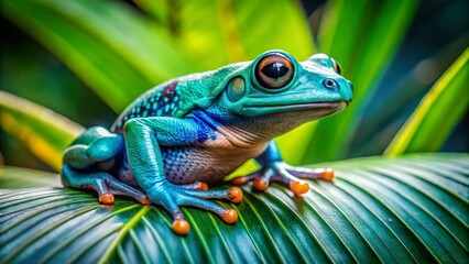 Vibrant Green & Blue Frog on Emerald Leaf in Rainforest Habitat