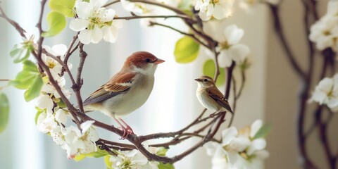 Fototapeta premium Two birds sitting on cherry blossom branches, enjoying a serene moment in the springtime.