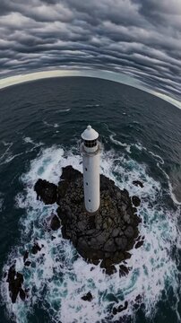 lighthouse on the coast, moody gray and white tones, stormy overcast light, isolated and mysterious.
