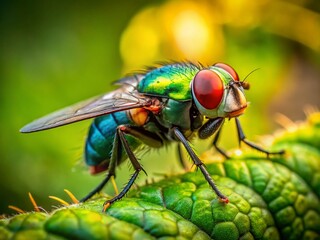 Fototapeta premium Vibrant Green Fly on Leaf Macro Aerial Photography - Red Eyes, Sunlit Insect