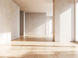 Fototapeta premium A bright, empty room with wooden floors, large windows, and sunlight streaming in, creating shadows on the floor and walls. 