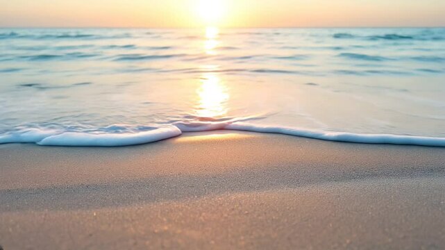 A serene beach scene with a gentle wave rolling onto the shore at sunset.