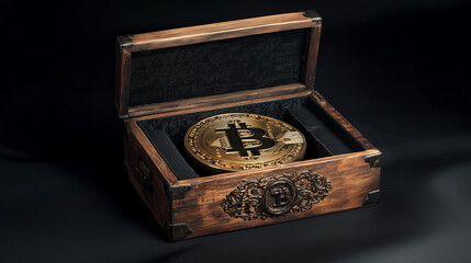 A golden Bitcoin inside a wooden box with an open lid
