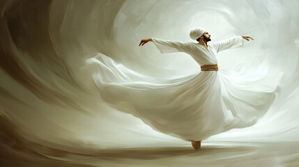 Swirling dervish in a white dress with a turban, dynamic pose, spiral background