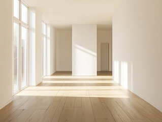 Fototapeta premium A bright, empty room with wooden floors, large windows, and sunlight streaming in, creating shadows on the floor and walls. 