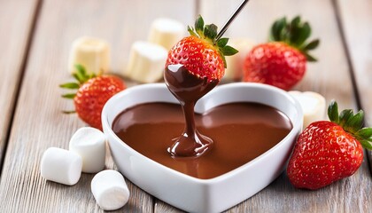ハート型のチョコレートフォンデュ、いちごやマシュマロをディップ、鮮明なクローズアップ