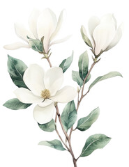 White Magnolia branch flower in watercolor illustration