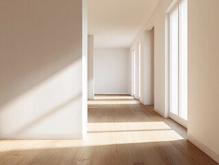 Obraz premium A bright, empty room with wooden floors, large windows, and sunlight streaming in, creating shadows on the floor and walls. 