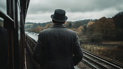 A man in a tailored coat and hat, standing on an observation deck at the back of a train, gazing at the countryside