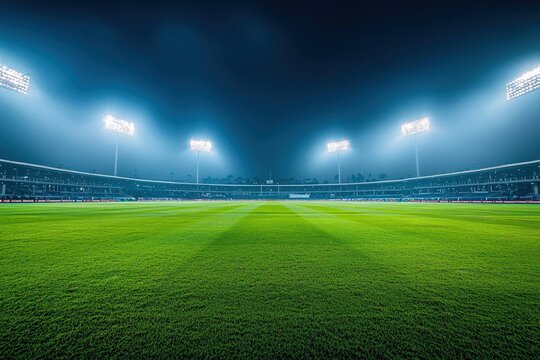 Cricket stadium under floodlights, empty field