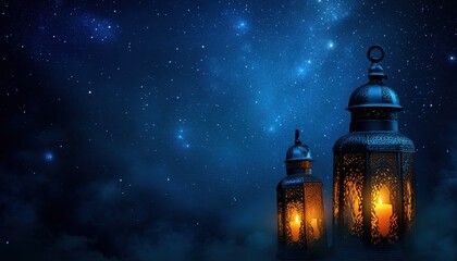 Fototapeta premium Ornate Metal Lanterns Glow Against a Night Sky Filled with Stars