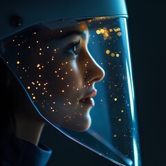 Fototapeta premium Profile of person wearing futuristic helmet with illuminated visor in dimly lit setting.