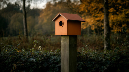 A charming birdhouse perched on a wooden post surrounded by lush foliage in an autumn setting, showcasing the beauty of nature and providing a cozy home for birds.