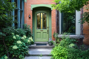 Charming green door inviting visitors into a welcoming home surrounded by lush greenery and vibrant flowers in a quaint neighborhood