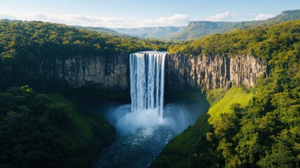 Fototapeta premium A stunning waterfall cascades down a rocky cliff, surrounded by lush greenery and a clear blue sky, creating a picturesque natural landscape.