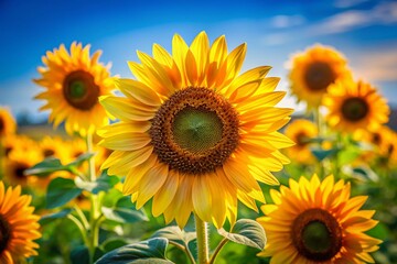 Obraz premium Vibrant Sunflowers Tilt-Shift Miniature, Summer Bloom, Blue Sky Background