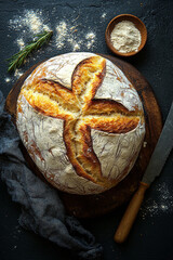 Rustic artisan bread with golden crust, displayed on wooden board with flour and rosemary
