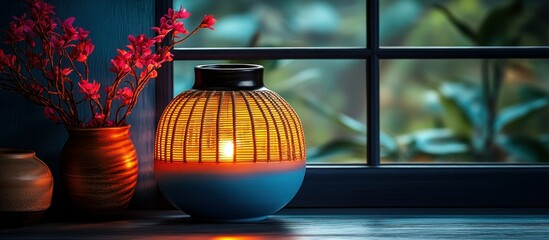 Cozy Candle Lantern on Table with Flowers by a Window at Dusk