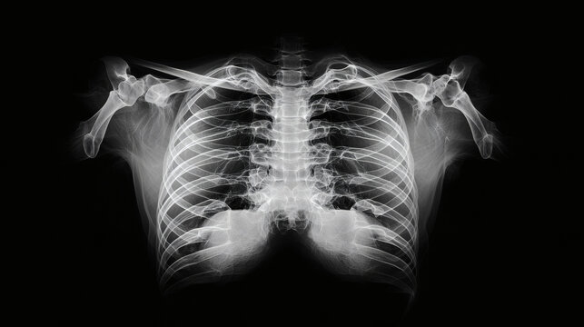 X-ray image showing detailed view of human torso including bones and internal organs