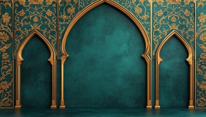 Gold arches, teal ornate wall, empty space, Islamic design, product display