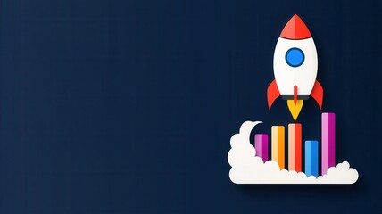 Challenge and change. Rocket launching with colorful bar graphs, symbolizing growth and innovation on a dark background.