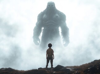 David Defeats Goliath Young Shepherd Boy Confronting Giant Warrior with Pebble and Slingshot in Battle of Courage