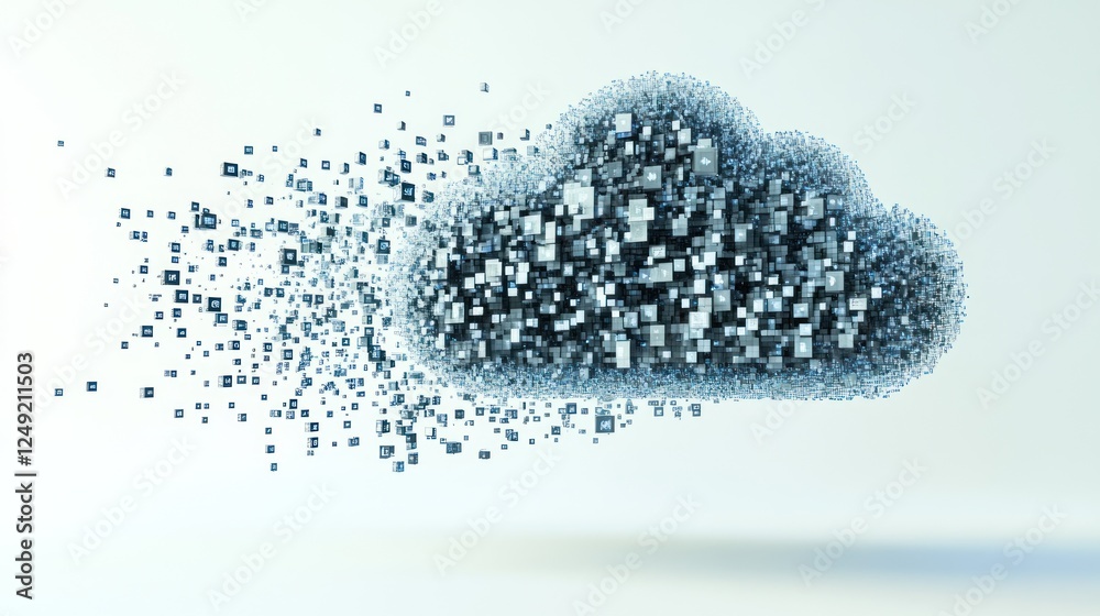 Poster abstract cloud data concept; digital blocks forming a cloud shape, some dissolving into pixels.