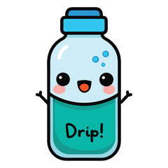 Cute Kawaii Drip Bottle Illustration: Cartoon Style, Blue Liquid, Happy Face, Vector Graphic for Stickers & Design Projects