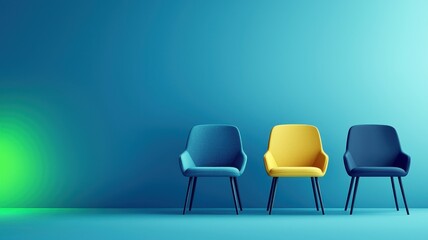 Challenge and change. Three stylish chairs in vibrant colors against a blue background with subtle lighting effects.