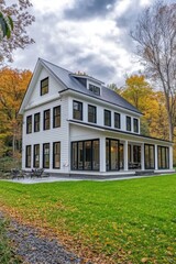 Charming modern house surrounded by vibrant autumn foliage in serene wooded area showcases spacious design and harmonious integration with nature