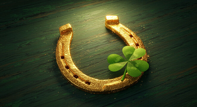 Golden horseshoe lucky charm with clover on wooden background