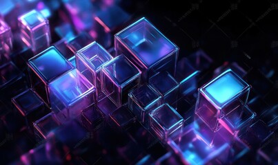 Futuristic Abstract Composition of Translucent 3D Squares with Cool Blue and Purple Lighting on Dark Background