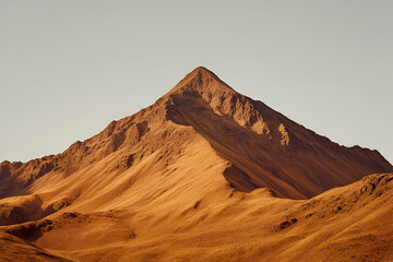 A majestic mountain peak rises over golden sand dunes, showcasing the beauty of desert landscapes under a clear sky