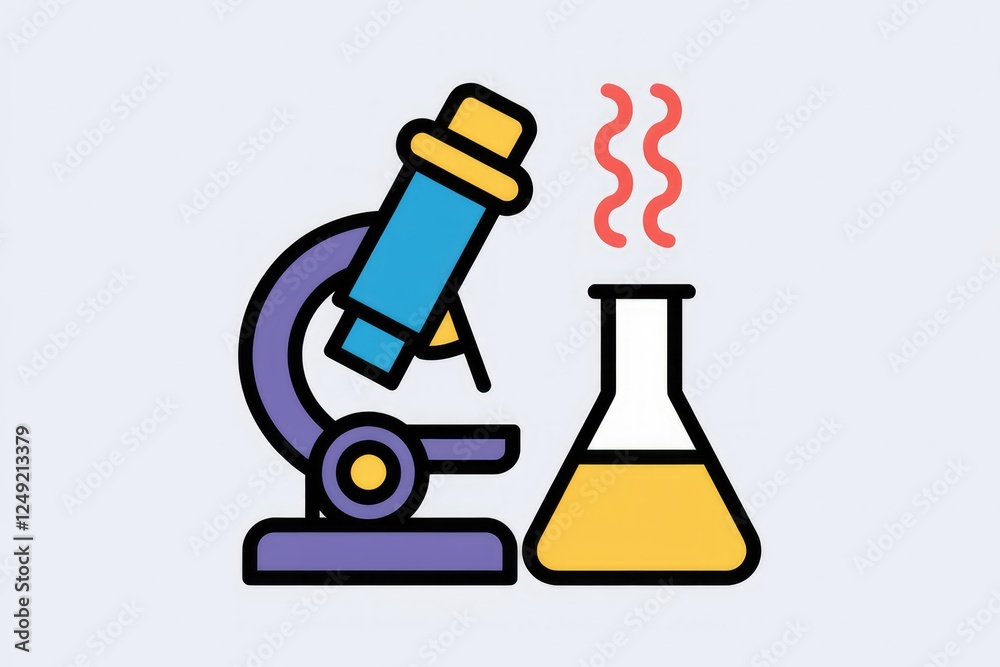 Poster microscope and erlenmeyer flask, symbolizing scientific research and experimentation.