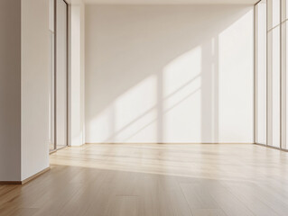Fototapeta premium A bright, empty room with wooden floors, large windows, and sunlight streaming in, creating shadows on the floor and walls. 