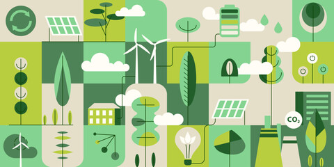 Environment, Social, Governance and sustainability development concept, geometry pattern, vector horizontal banner, ecology background with flat illustration