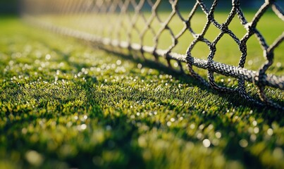 Tennis court net, green grass, sunlight, close-up, sports