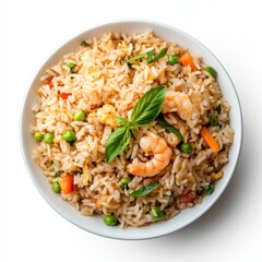 Fresh and Colorful Shrimp Fried Rice with Vegetables in a White Bowl on a Light Background