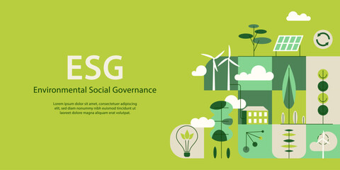 Environment, Social, Governance and sustainability development concept, geometry pattern, vector horizontal banner, ecology background with flat illustration