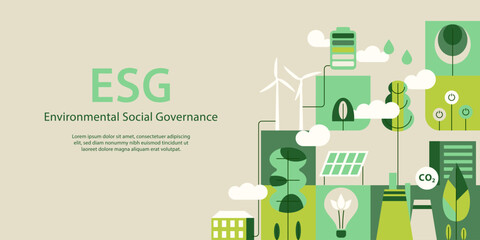Environment, Social, Governance and sustainability development concept, geometry pattern, vector horizontal banner, ecology background with flat illustration