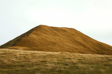 Naklejka premium A stunning view of a rolling hill covered in golden grass under a cloudy sky, showcasing the serene beauty of nature. Ideal for nature lovers and landscape photography enthusiasts.