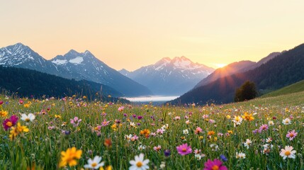Fototapeta premium A vibrant meadow filled with colorful flowers, set against majestic mountains and a glowing sunset in the background.