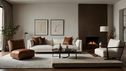 Elegant living room with cream and brown tones, featuring a symmetrical arrangement of a sofa, chairs, fireplace, and artwork