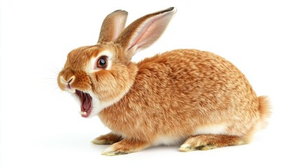 Obraz premium Curious Brown Rabbit with Open Mouth on White Background
