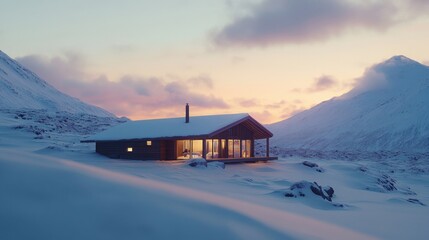 An eco-lodge hidden in a remote winter landscape, perfectly blending with the frozen environment