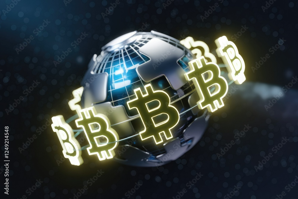 Aufkleber Global Bitcoin network visualized as glowing Bitcoin symbols orbiting a digital Earth, representing cryptocurrency's worldwide reach.