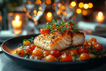 Grilled fish fillet with cherry tomatoes and herbs served in elegant fine dining setting